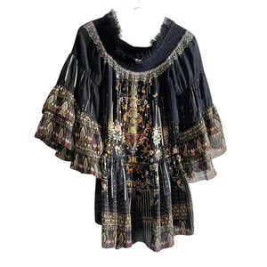 Camilla Rebelle Off Shoulder Beaded 100% Silk Dress Bell Sleeves Flowy XS Black